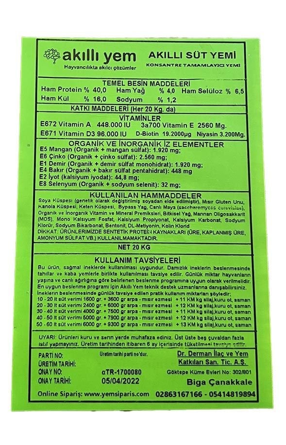 Akıllı Yem 40 HP Konsantre Süt Yemi 20 KG