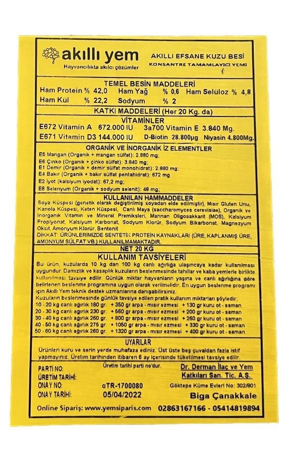 Akıllı Yem 42 HP Efsane Konsantre Kuzu Besi Yemi 20 KG