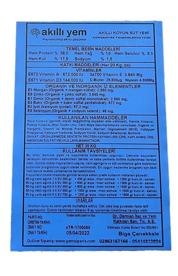 Akıllı Yem 38 HP Konsantre Koyun Süt Yemi 20 KG