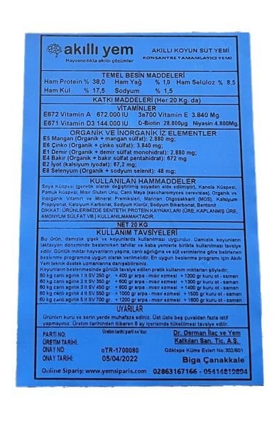 Akıllı Yem 38 HP Konsantre Koyun Süt Yemi 20 KG