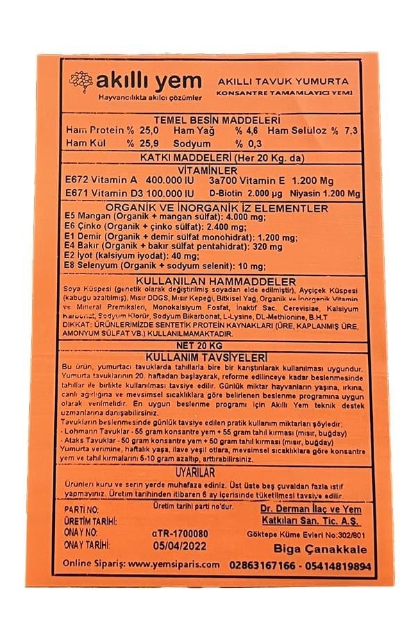 Akıllı Yem 25 HP Konsantre Tavuk Yumurta Yemi 20 KG