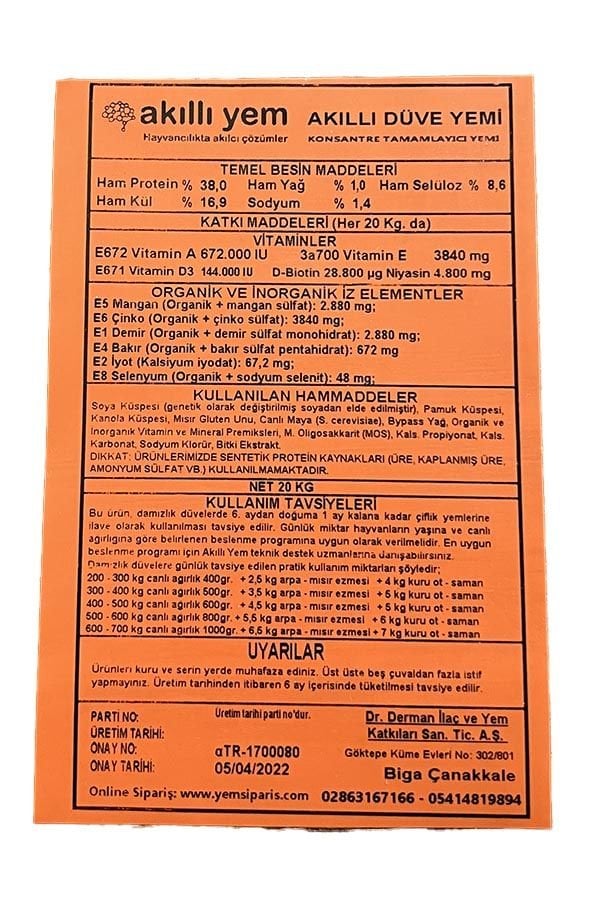 Akıllı Yem 38 HP Konsantre Düve Yemi 20 KG