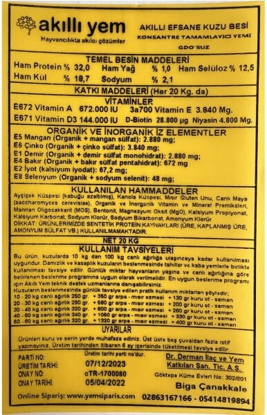 Akıllı Yem 32 HP GDO'suz Efsane Konsantre Kuzu  Besi Yemi 20 KG