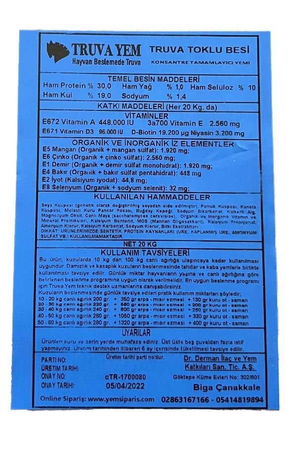 Truva Yem 30 HP Konsantre Toklu Besi Yemi 20 KG