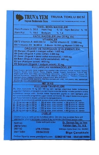 Truva Yem 30 HP Konsantre Toklu Besi Yemi 20 KG